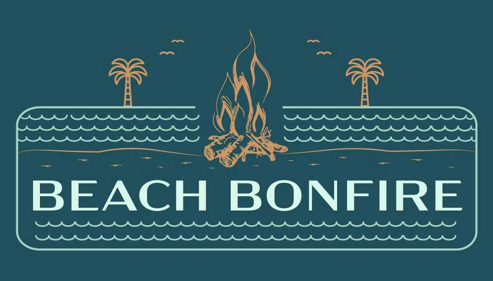 beach bonfire graphic with palm trees